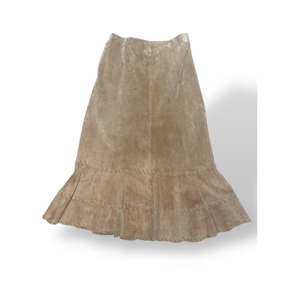 Chicos 100% Leather‎ Suede Midi Whipstitch Lined Flare Skirt Beige Women's Large - Picture 3 of 8